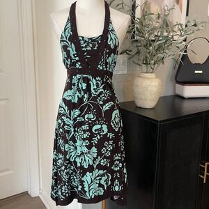 Y2K Limited Too Summer Halter Dress Brown Teal Excellent Floral Rhinestone boho
